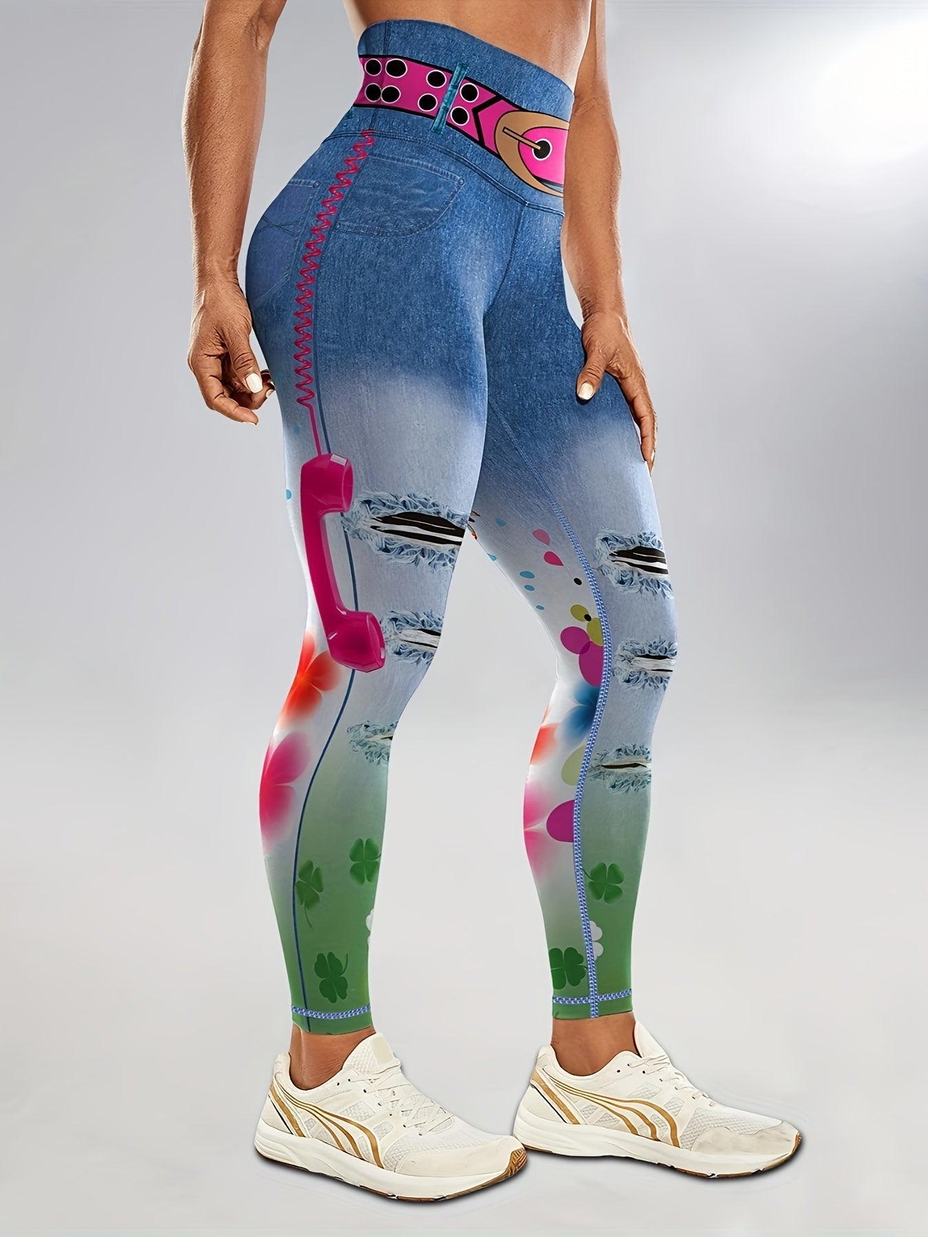 Faux Denim Print Butt Lifting Fitness Gym Leggings