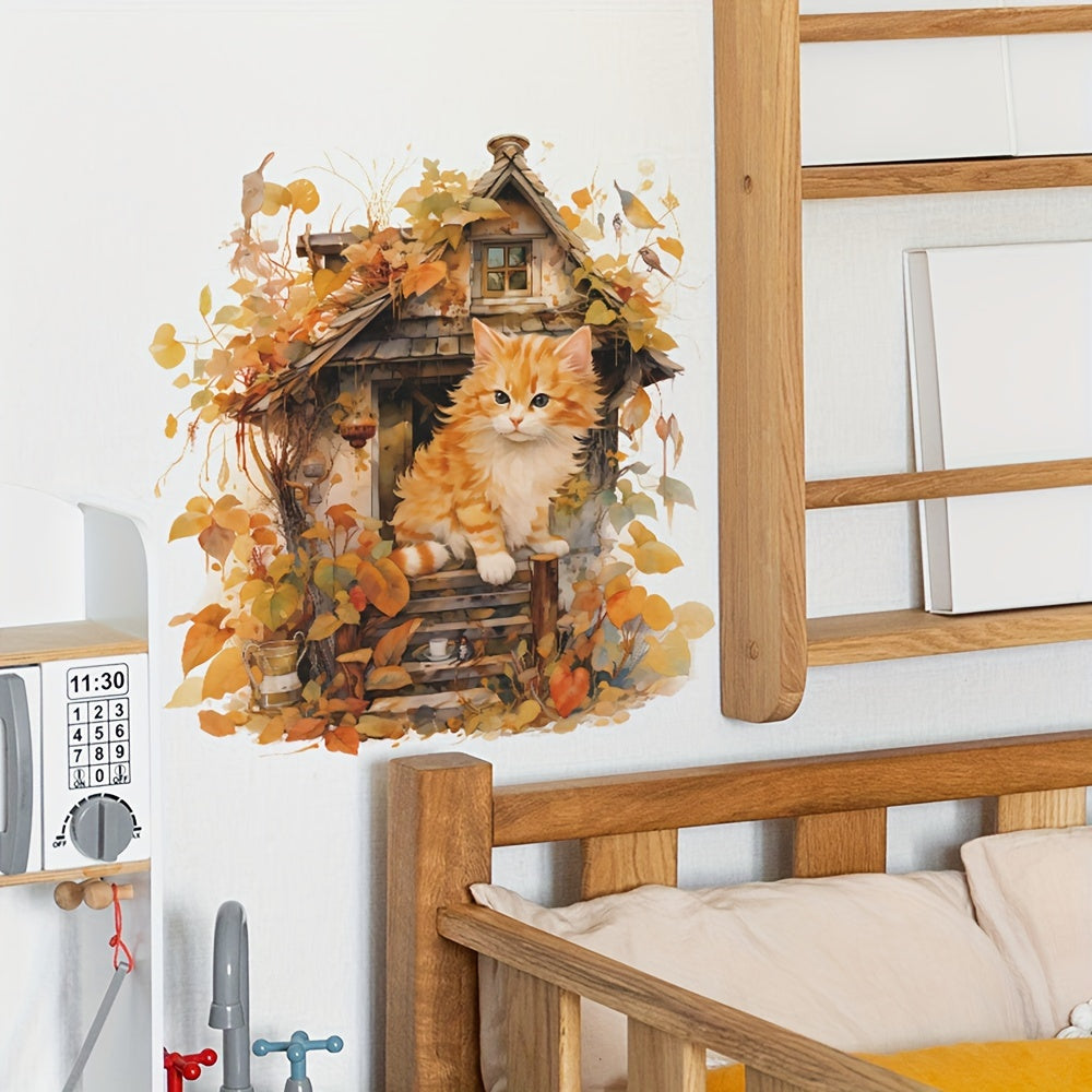 Cartoon Cat Wall Decal Maple Leaves Sticker Kitchen Living Room TV Sofa