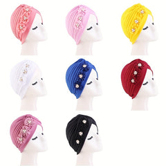 Pleated Flower Turban Cap Elastic Head Wrap Hijab Decor Casual Headscarf