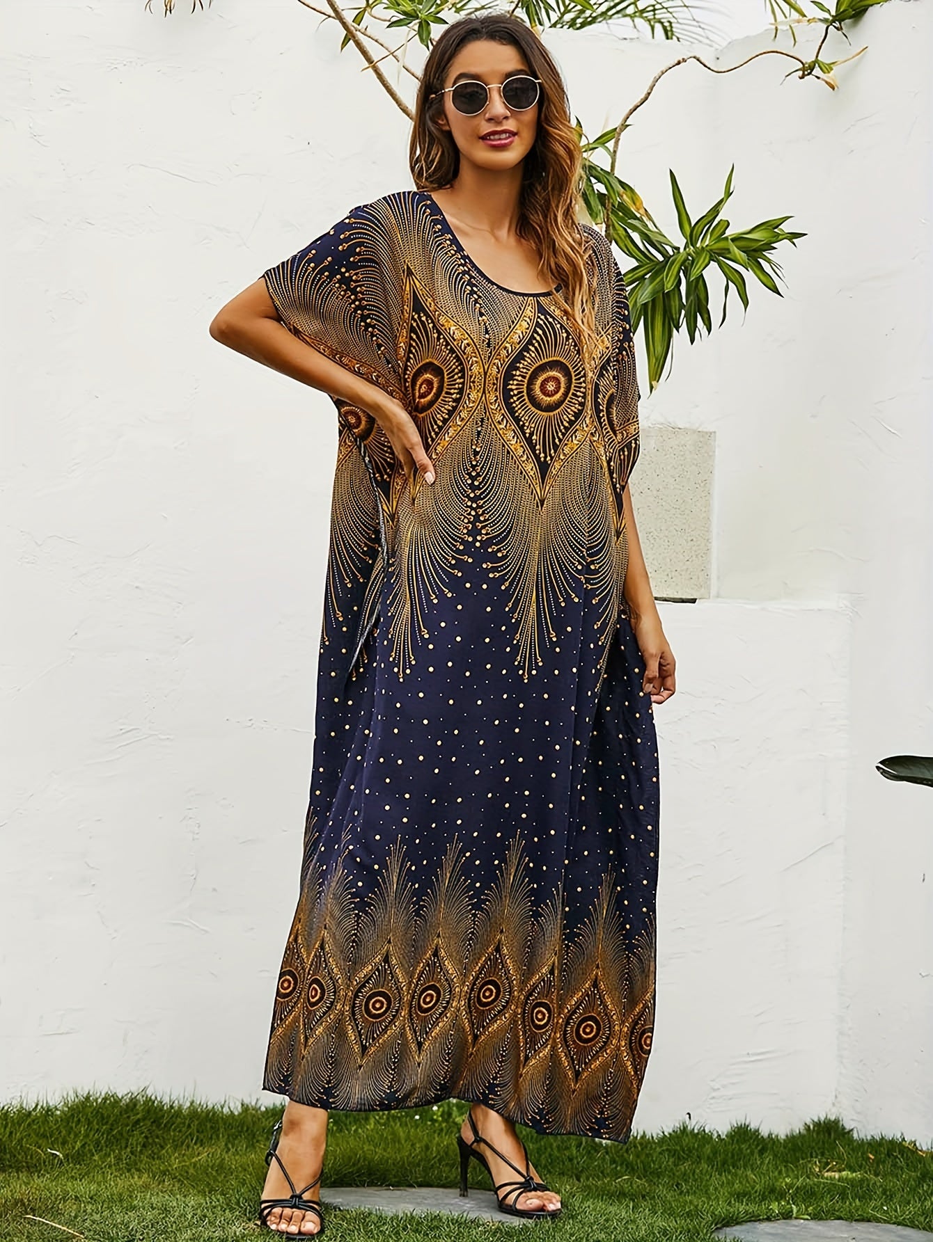  Boho Kaftan Dress Women's Plus Tribal Print Bat Sleeve
