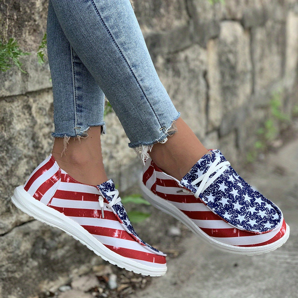 Women's Star & Stripe Pattern Boat Shoes Independence Patriotic Slip On Flats