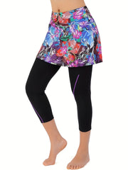Floral Print Plus Size Sports Skort High Stretch Sports Skirt Leggings