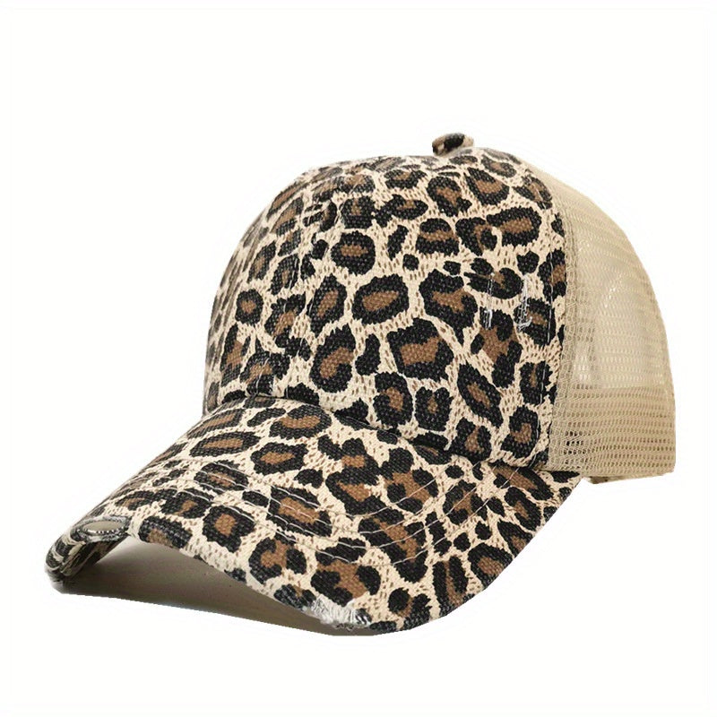 Leopard Print Ponytail Baseball Cap Mesh Trucker Hat