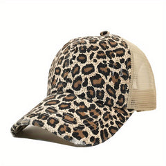 Leopard Print Ponytail Baseball Cap Mesh Trucker Hat