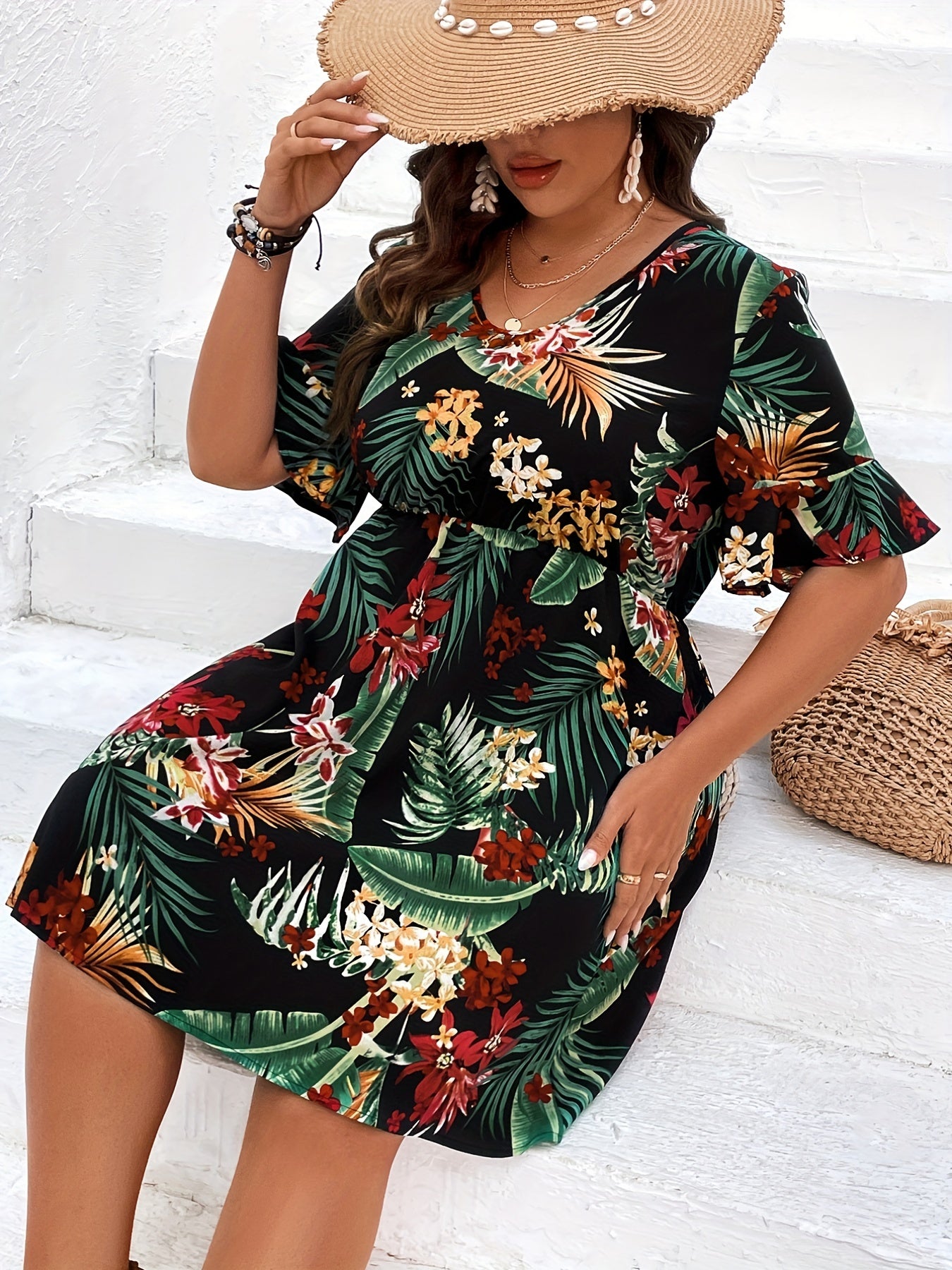  Tropical Print Bell Sleeve Dress