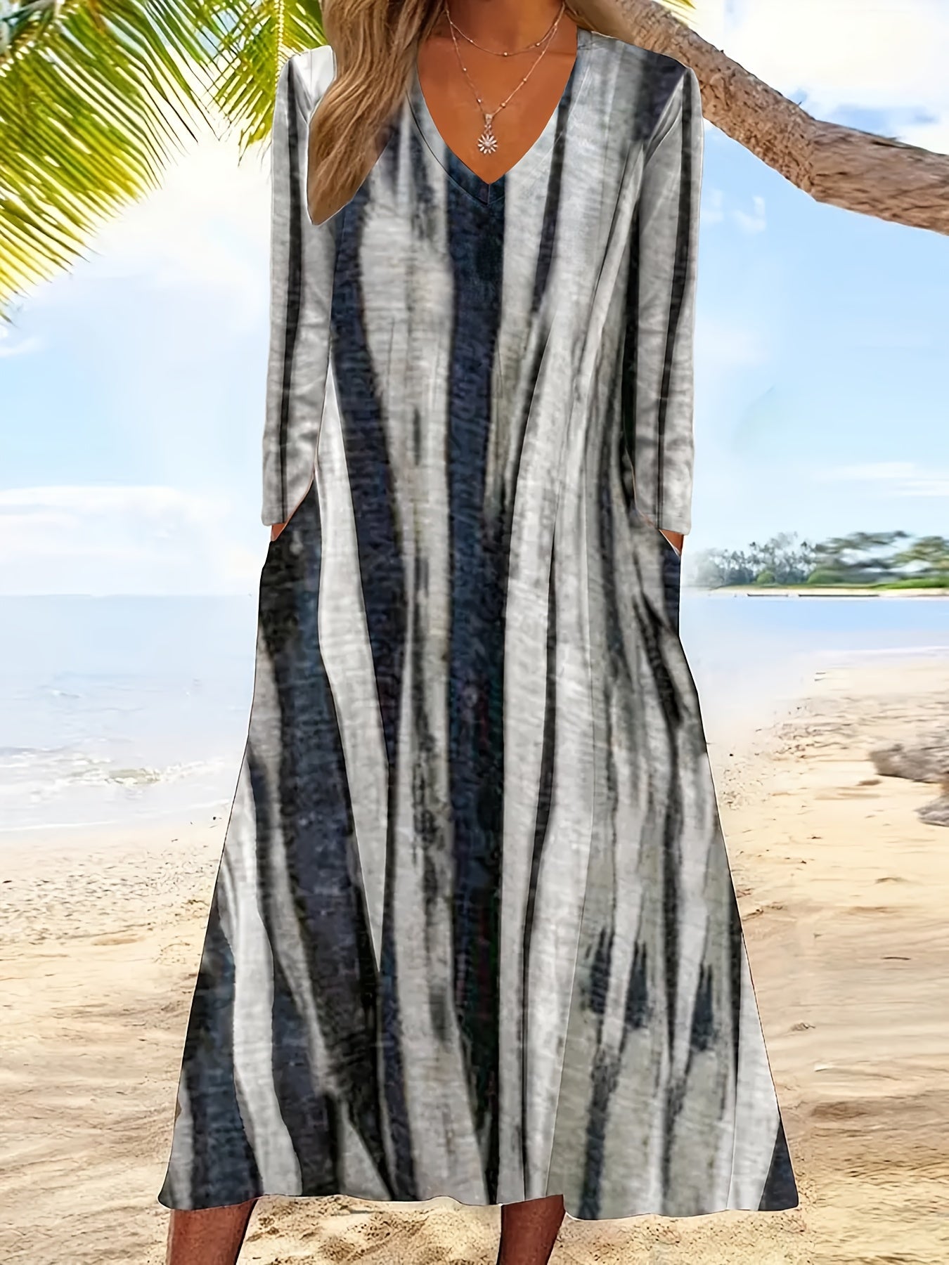  Brush Print Long Sleeve Maxi Dress With Pockets