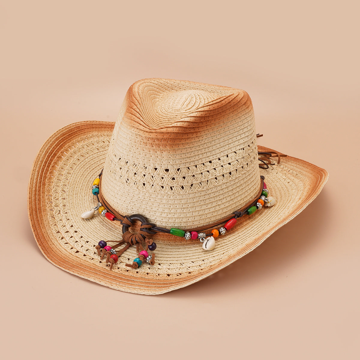 Khaki Wide Brim Cowboy Hat Boho Beads Belt Chain Decor