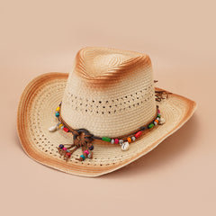 Khaki Wide Brim Cowboy Hat Boho Beads Belt Chain Decor