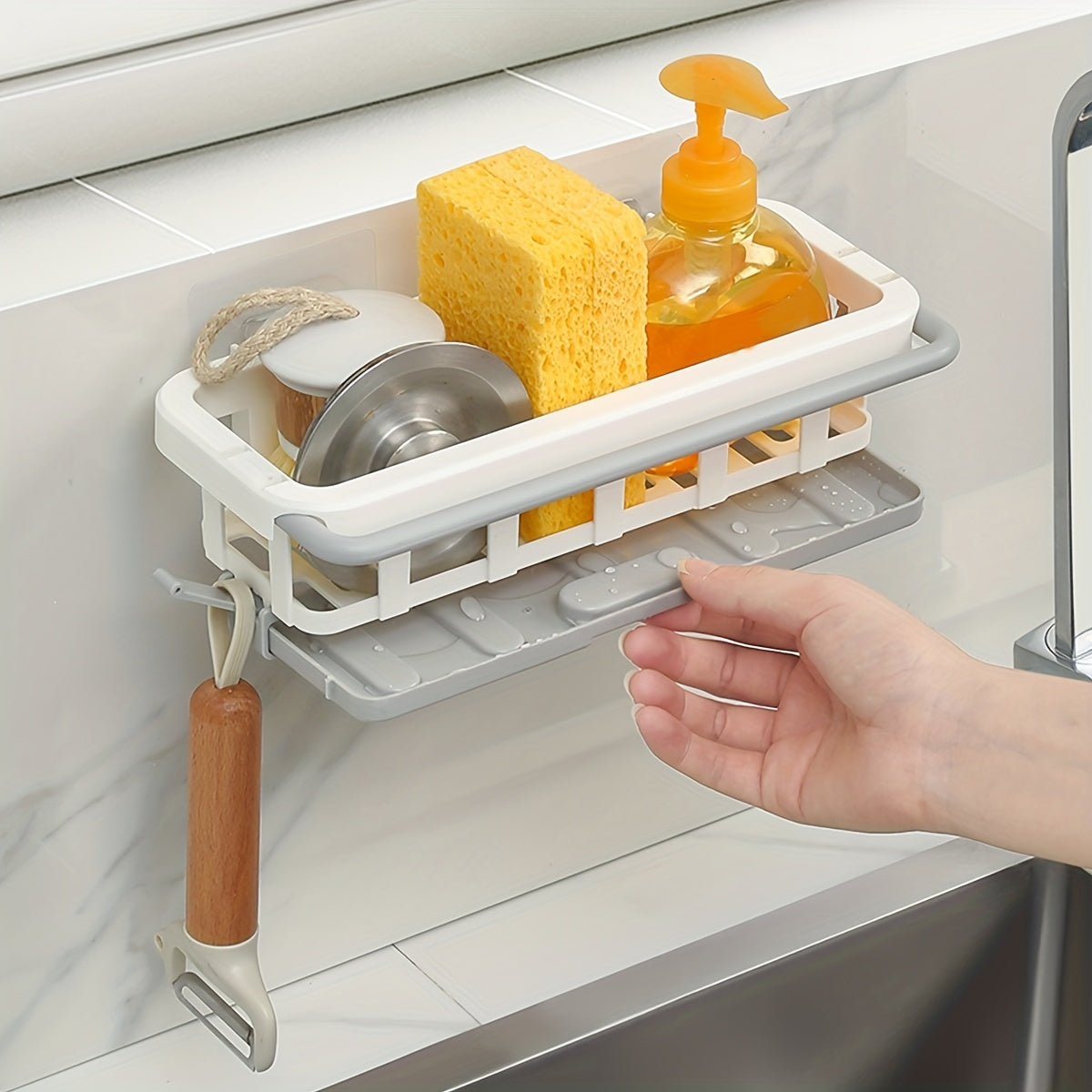 Sponge Holder for Kitchen Sink with Dish Brush Holder and Cloth Hanger