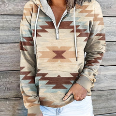 Geometric Print Kangaroo Pocket Zipper Hoodie Long Sleeve Hood
