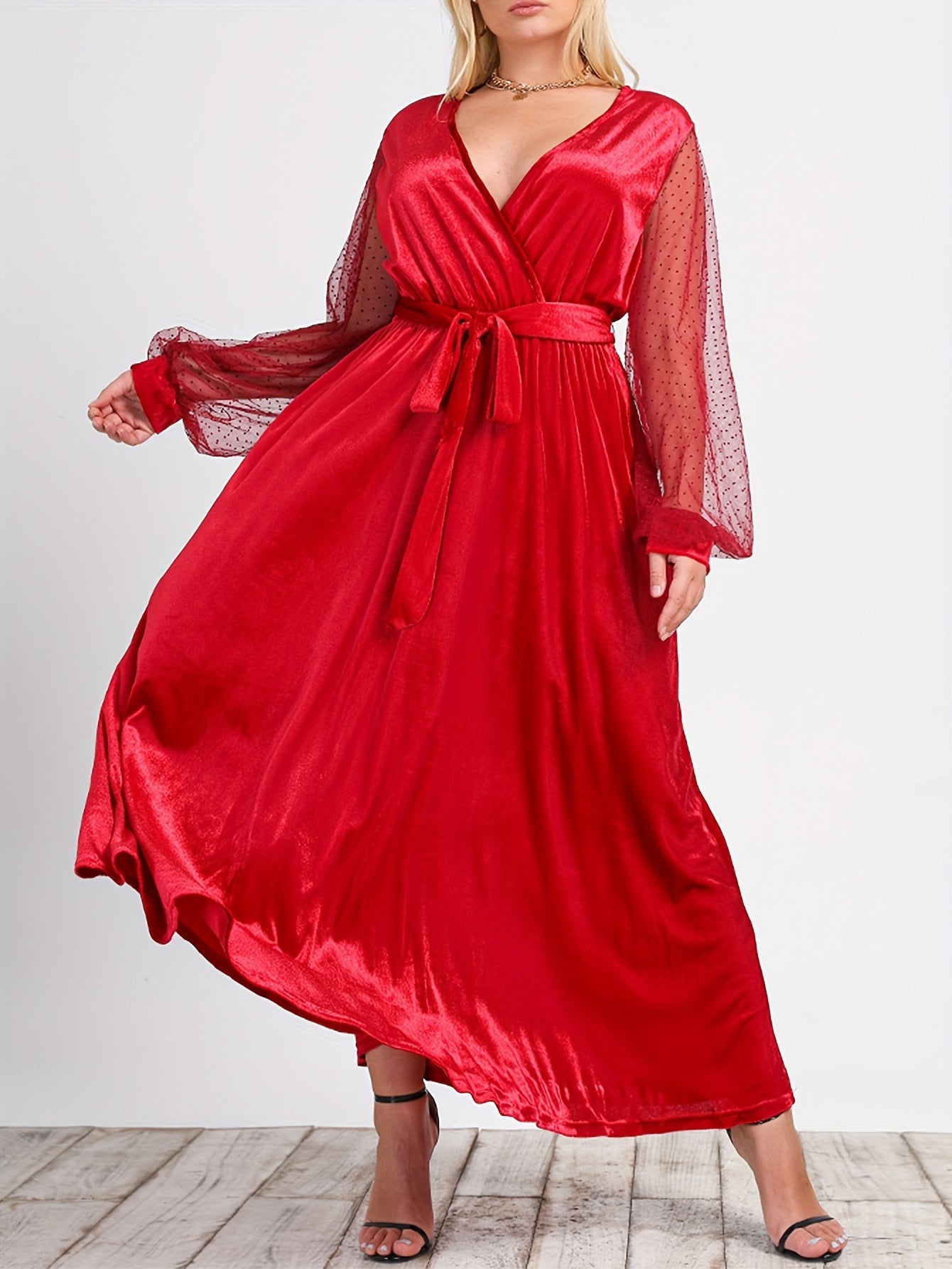  Sexy Dress Women's Solid Mesh Dot Lantern Sleeve Maxi Dress