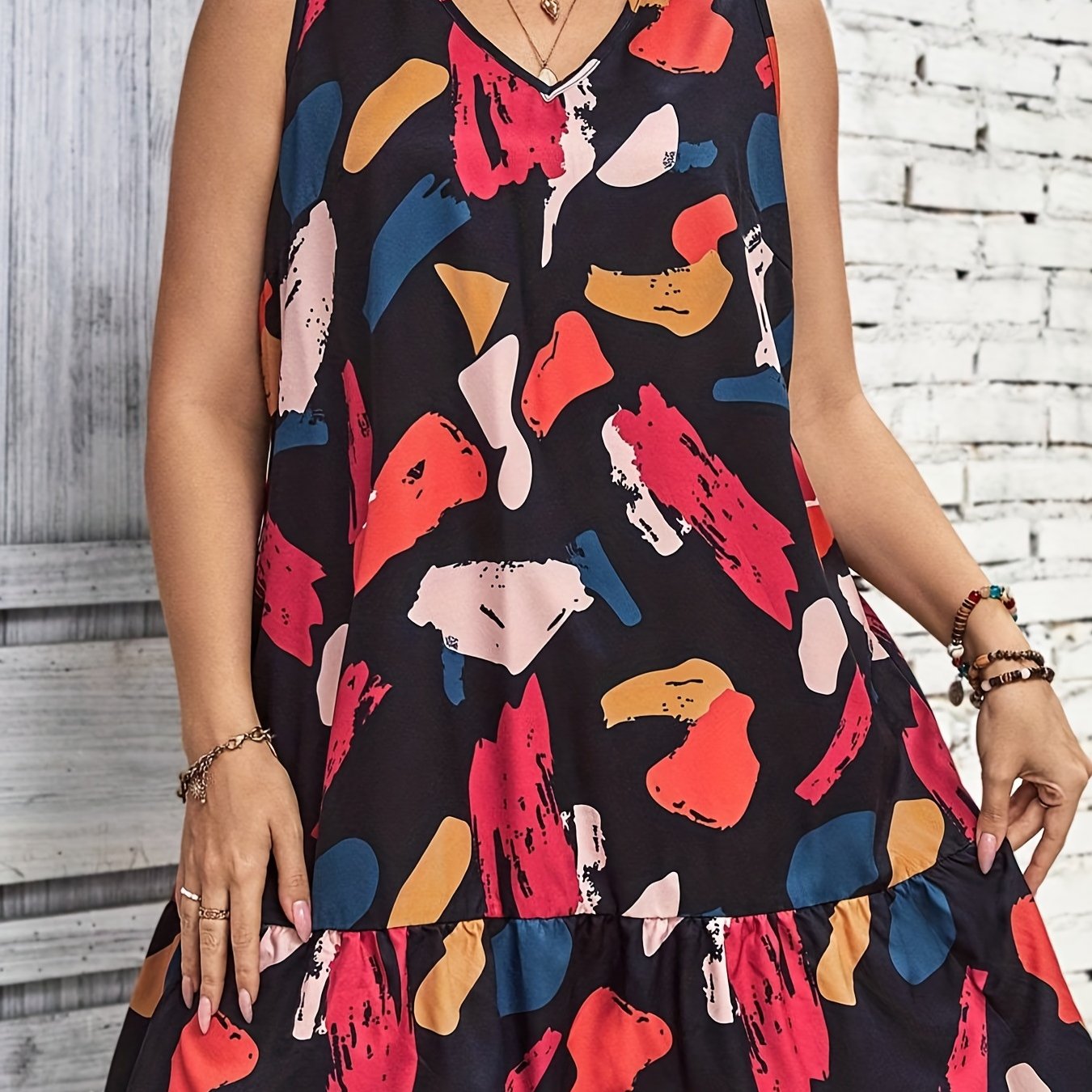  Print V Neck Ruffle Trim Tank Dress