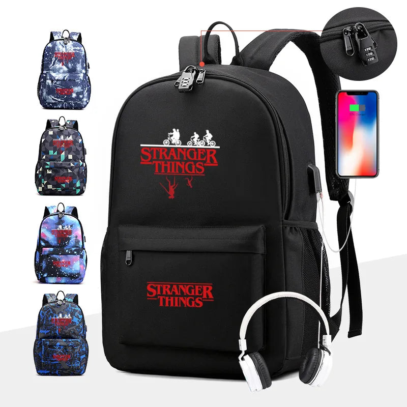 2PCS Letter Printed USB Charging Backpack Waterproof Travel Mochila Men Women