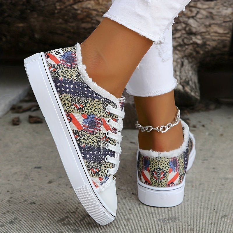 Women's Stars & Striped Print Low Round Toe Lace Up Flat Non slip Shoes