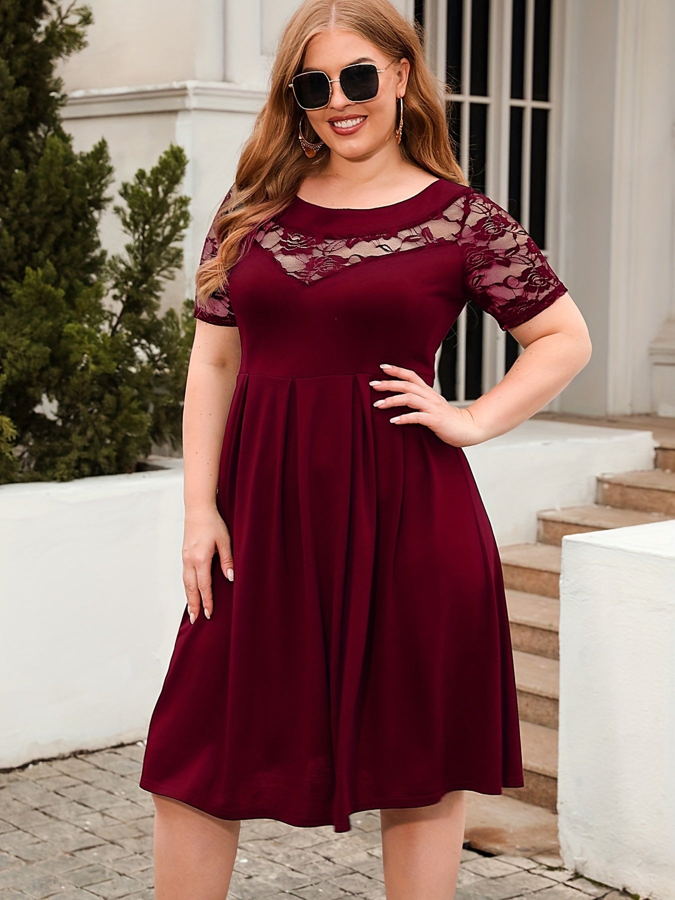  Floral Jacquard Lace Sleeve Dress