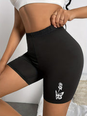 Butterfly & Flower Print Casual Workout Slim Shorts