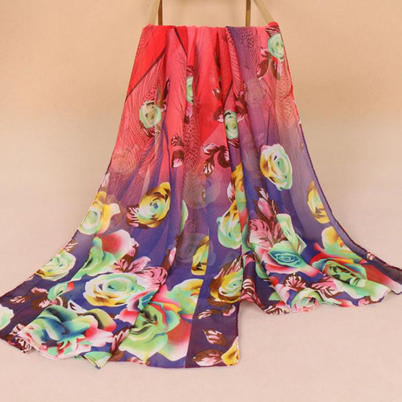 Floral Chiffon Silky Scarf Sun Protection Seaside Beach Scarf