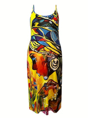  Colorblock Figure Print Maxi Cami Dress