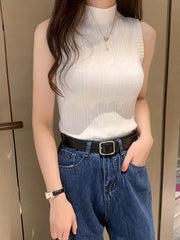 High Neck Tank Top Sleeveless Solid Casual Top