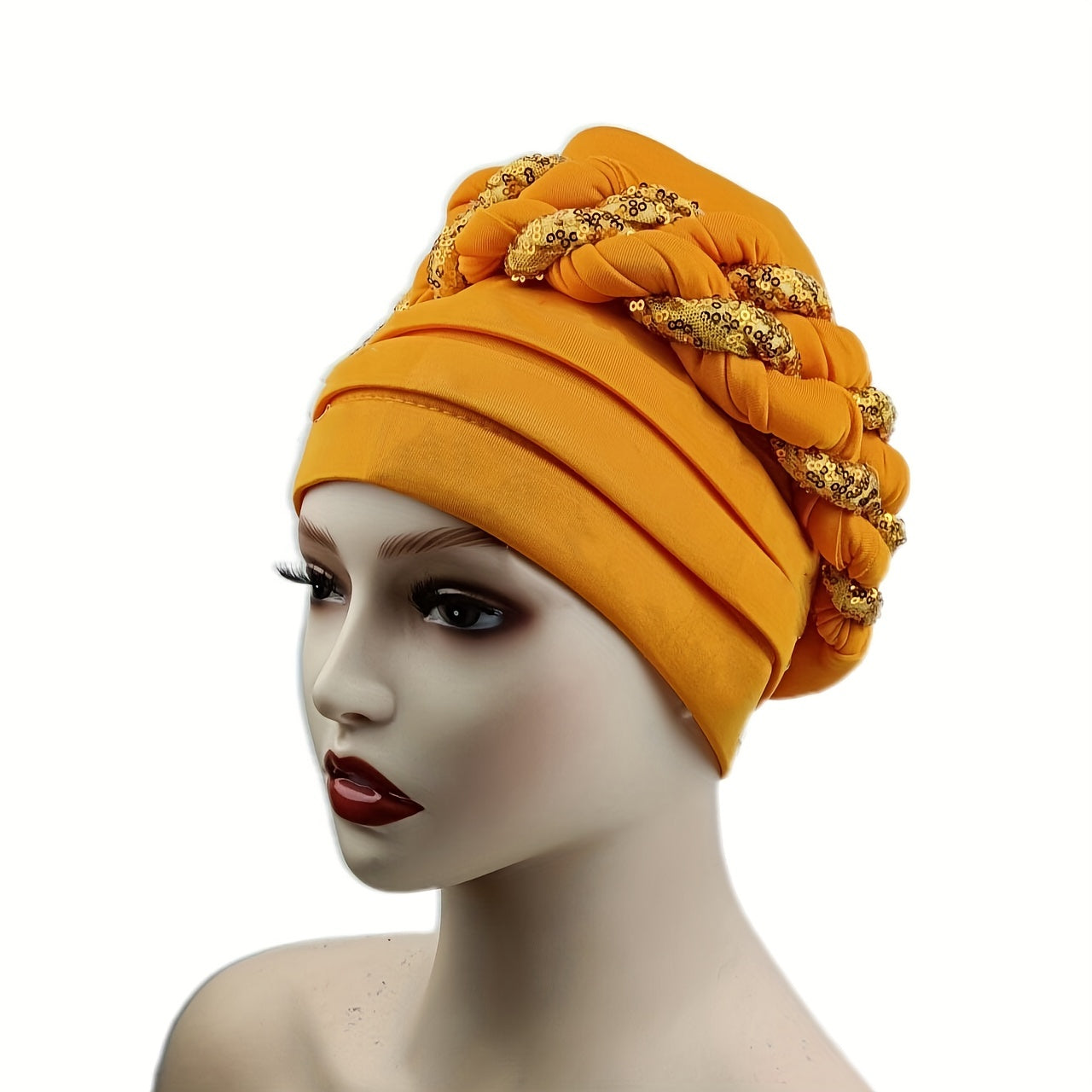 Sequin Braid Turban Cap Pleated Head Wrap Elastic Bonnet Chemo Hats
