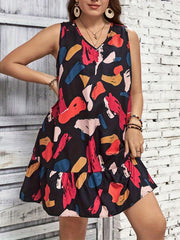  Print V Neck Ruffle Trim Tank Dress