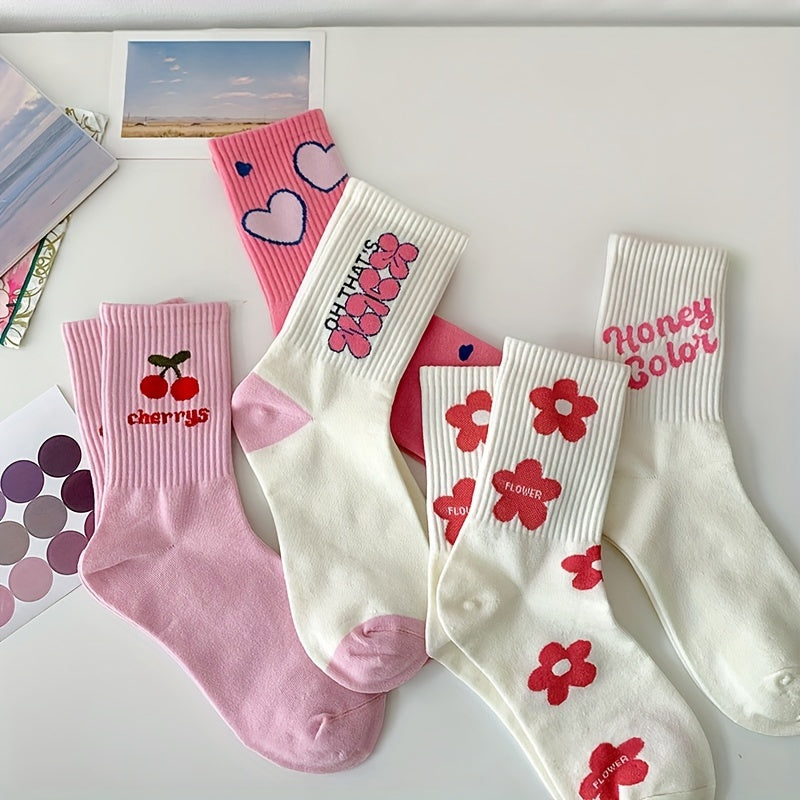 5 Pairs Letter & Heart Print Socks Women's Stockings