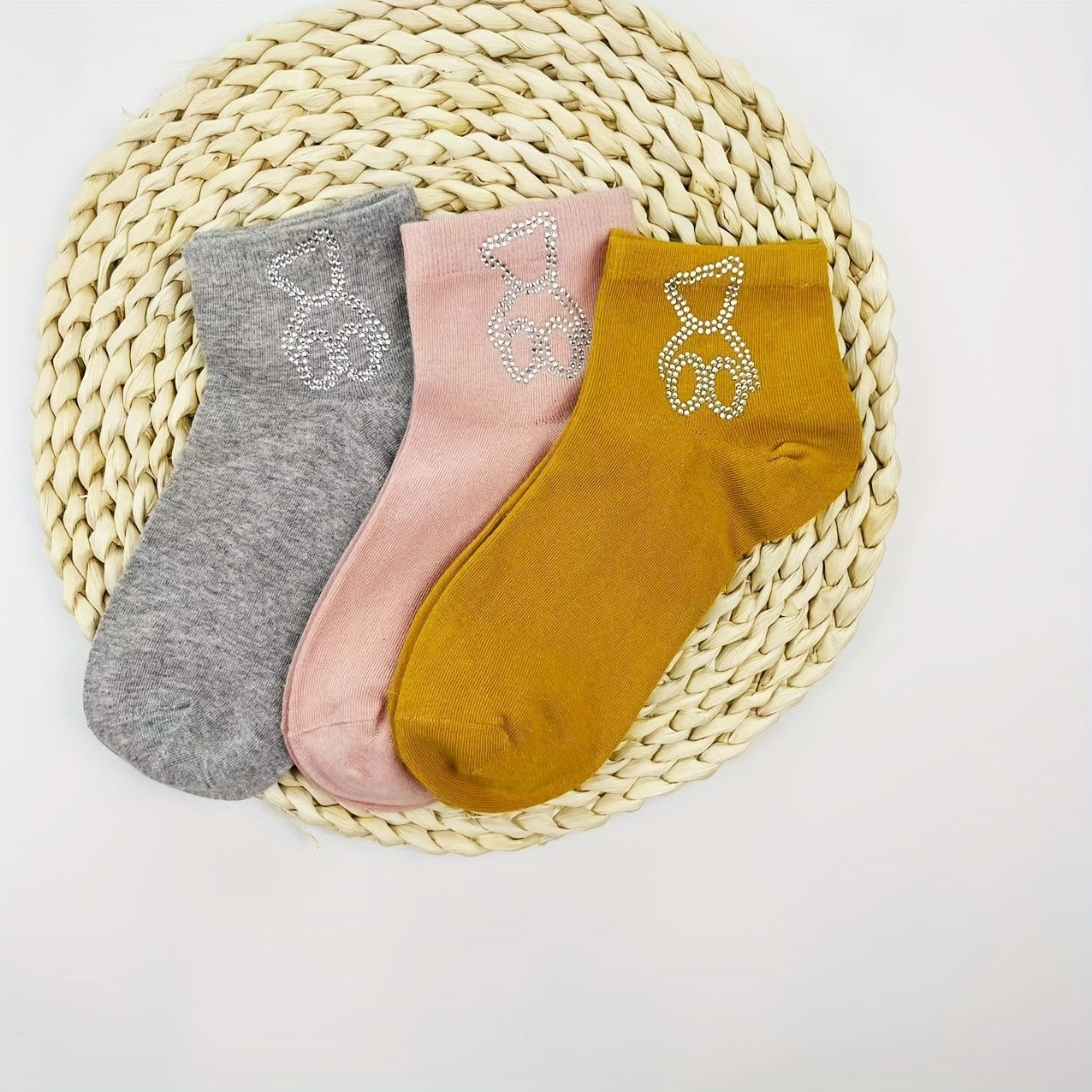 Bear Rhinestone Socks 5 Pairs Women's Crew Short Stockings & Hosiery