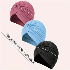 3pcs Pleated Turban Cap Solid Head Wraps Women Ramadan Hijab Chemo Hats