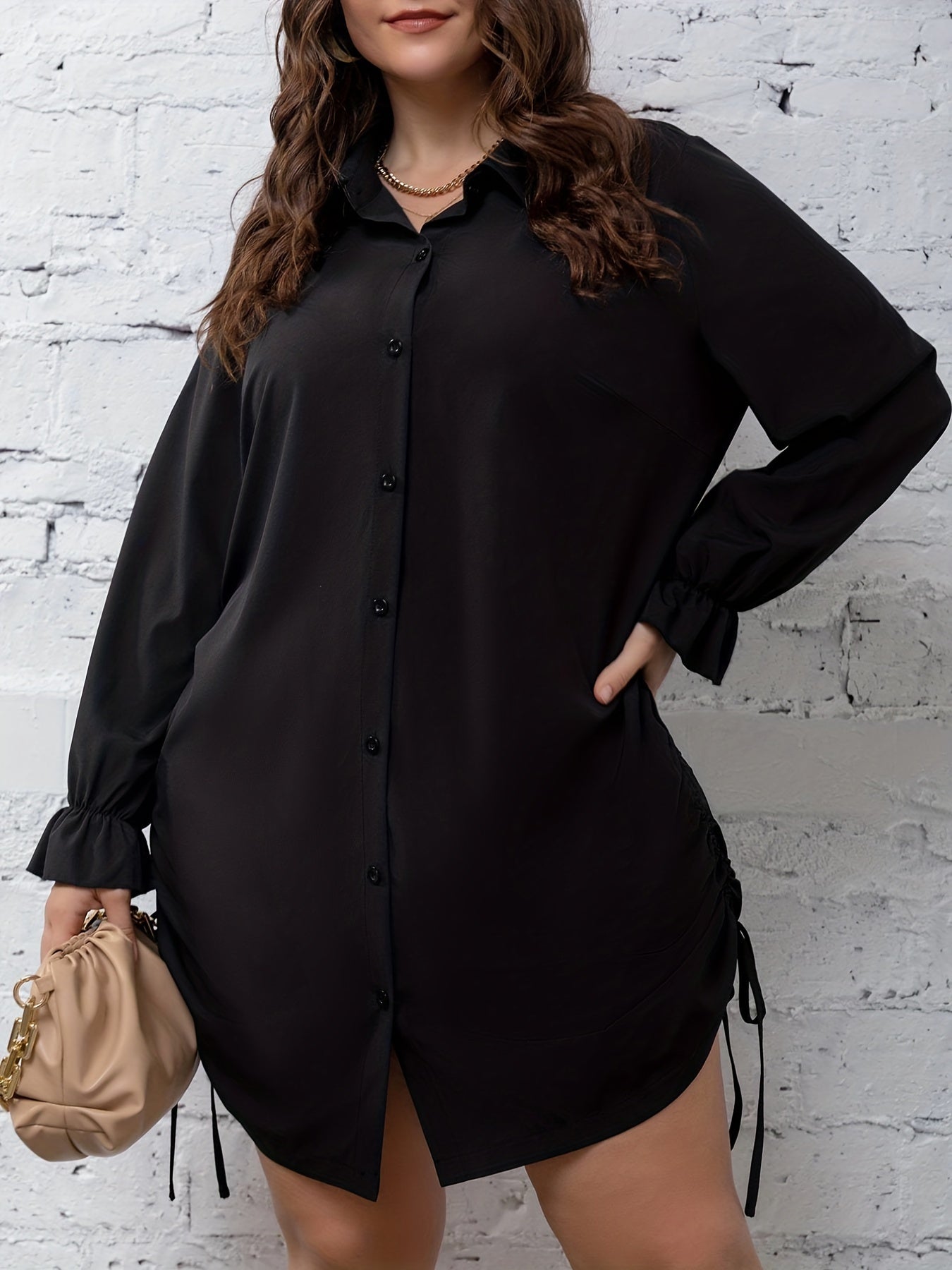  Casual Flounce Sleeve Lace Up Shirt Dress