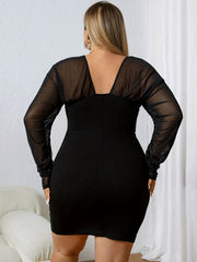  Solid Contrast Mesh Long Sleeve Fit Dress