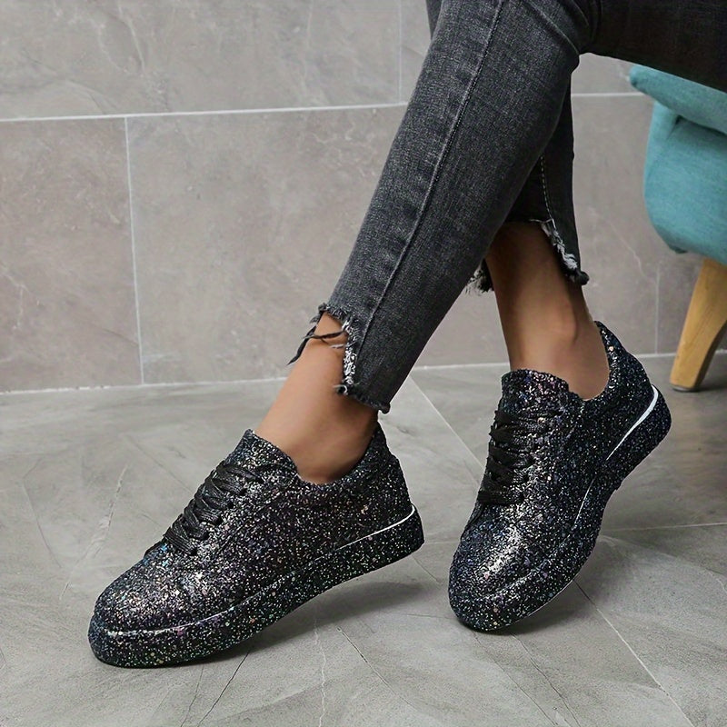 Women's Glitter Skateboard Sneakers Lace Up Comfort Non-slip Sneakers