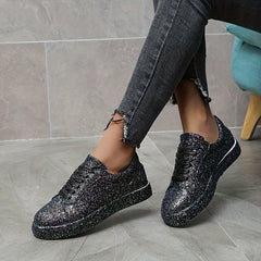 Women's Glitter Skateboard Sneakers Lace Up Comfort Non-slip Sneakers