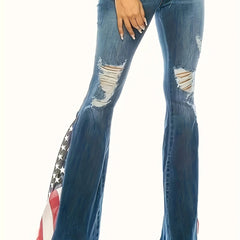 Plus Colorblock Flag Print Ripped High Stretch Flared Jeans
