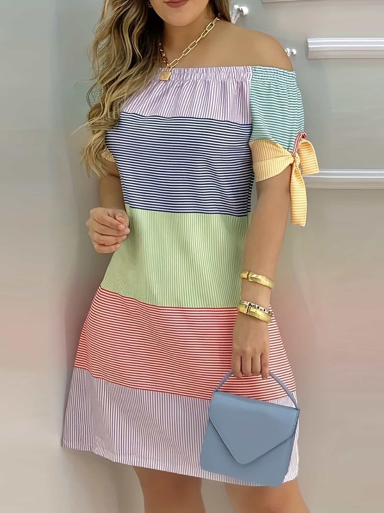  Colorblock Stripe Print Off Shoulder Mini Knot Dress