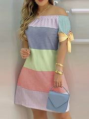  Colorblock Stripe Print Off Shoulder Mini Knot Dress