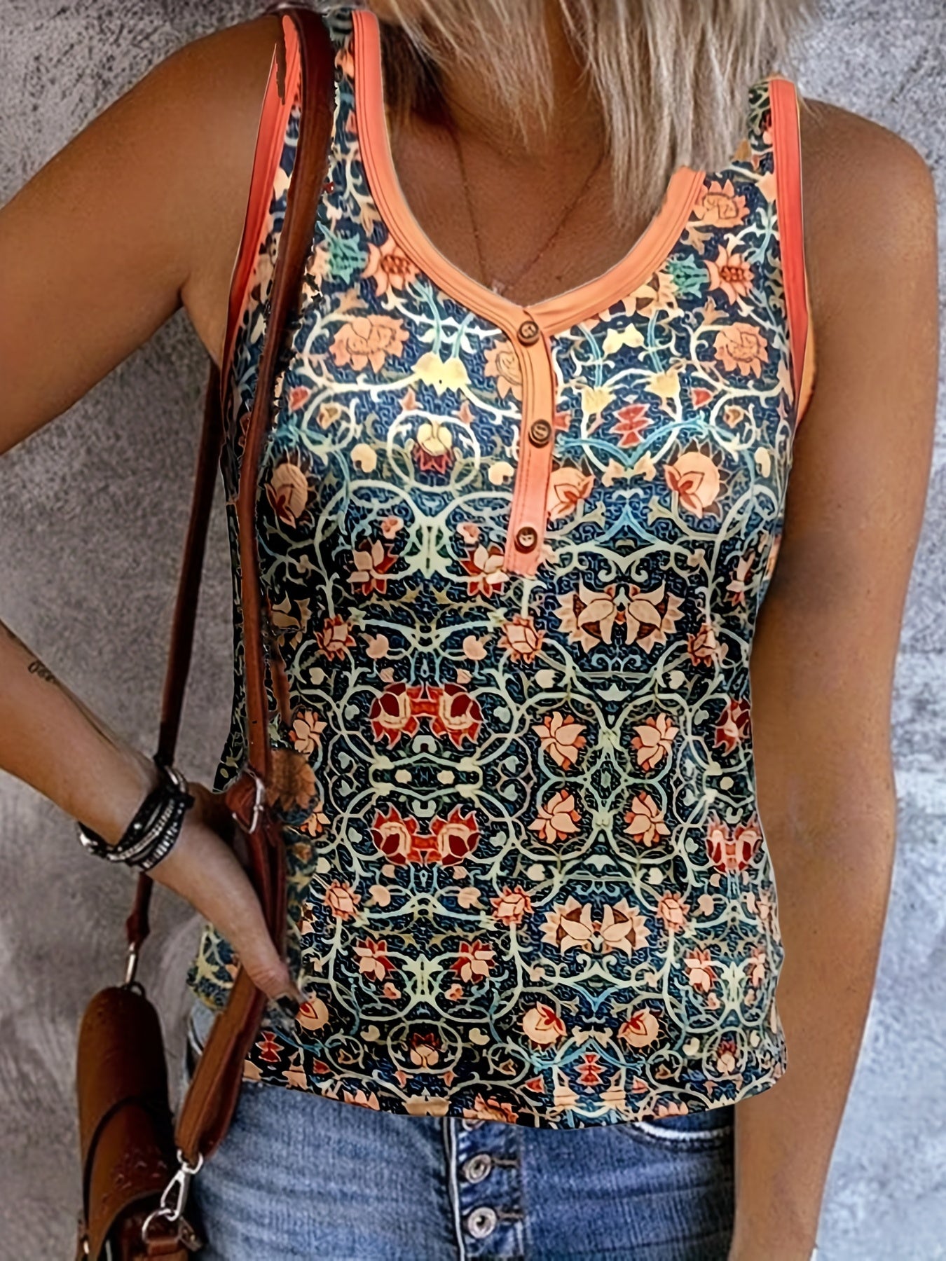  Jacobean Print Button V Neck Tank Top