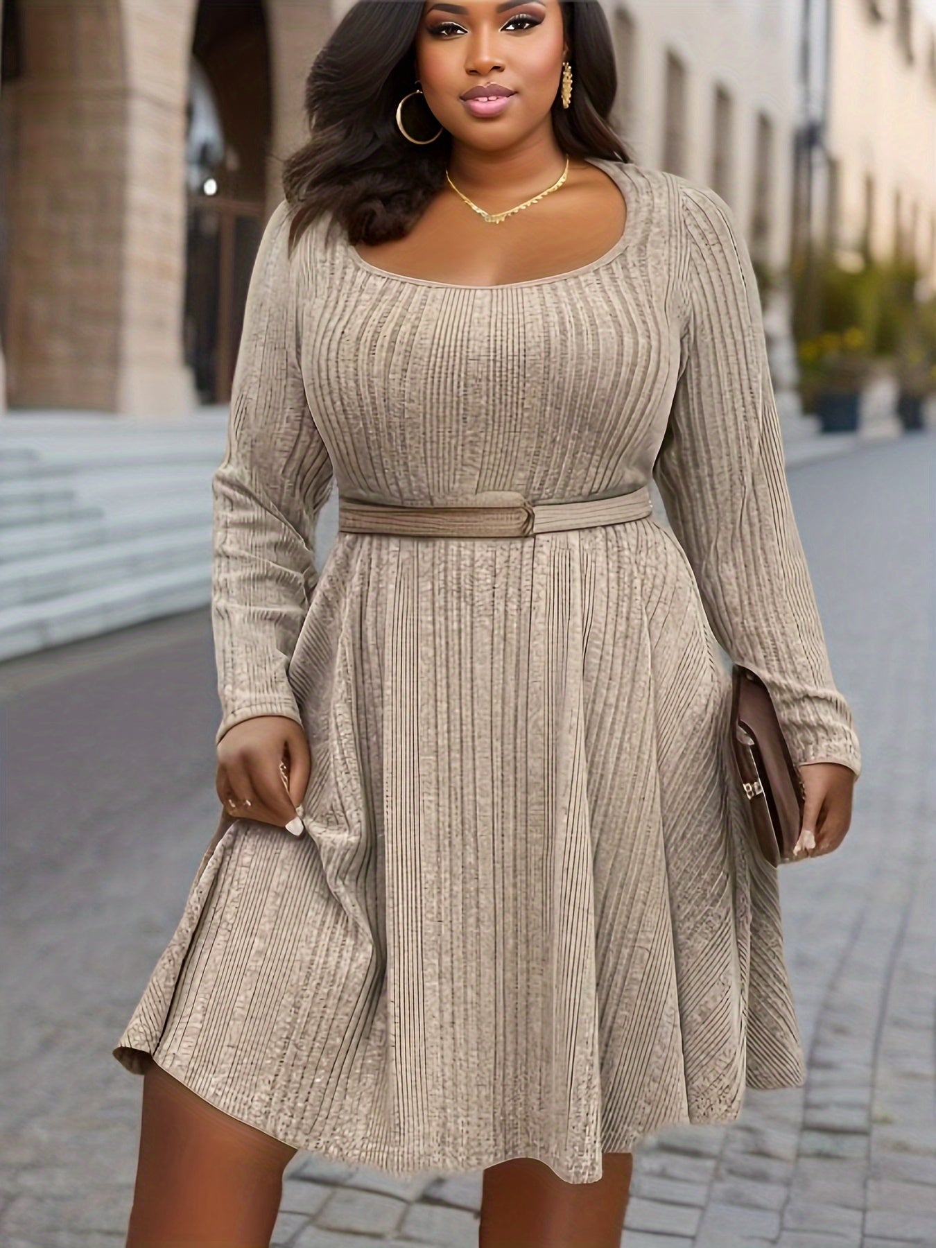  Ribbed Long Sleeve Round Neck Knee Length Dress