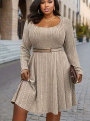  Ribbed Long Sleeve Round Neck Knee Length Dress