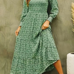  Ditsy Floral Print Lantern Sleeve Maxi Dress