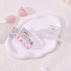 2pcs Floral Printed Hair Claw Clips Transparent Nonslip Shark Clip Women Girls