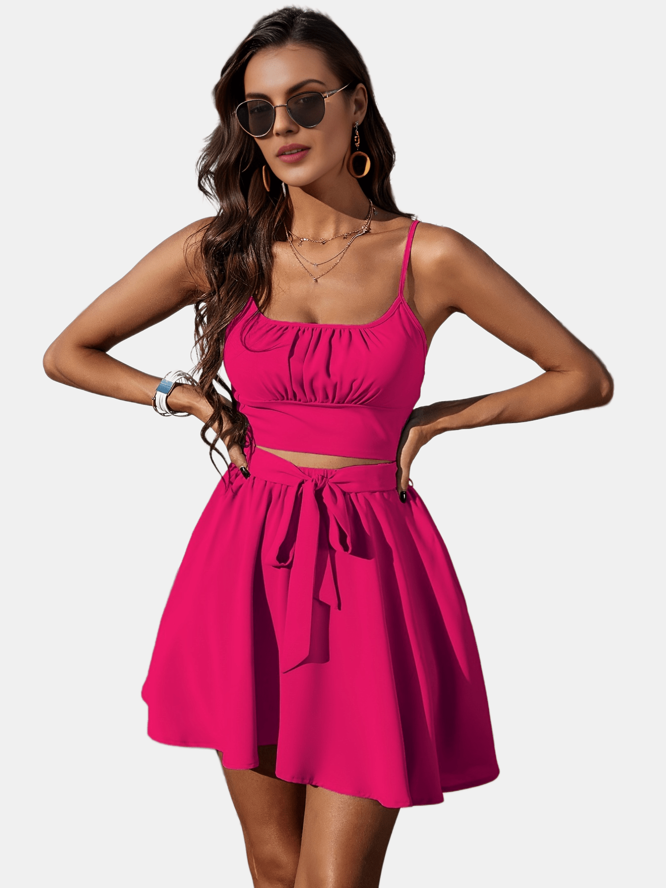 Solid Slim Two-piece Skirt Set Crop Ruched Cami Top & Skirt Outfit