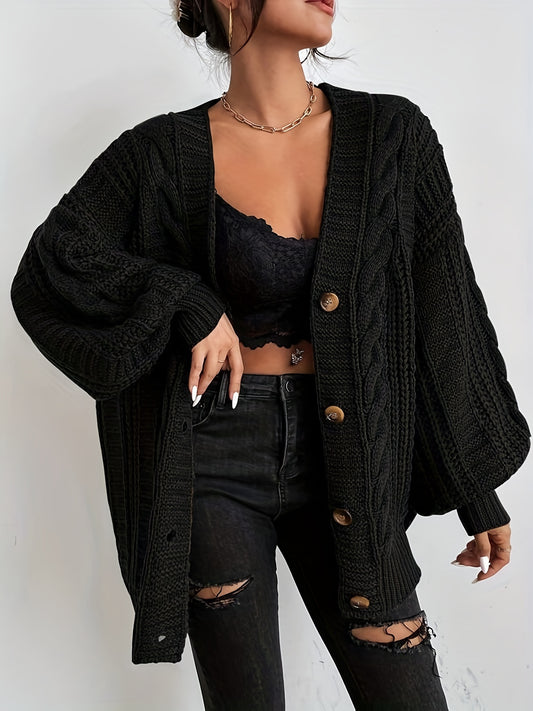  Cable Knit Lantern Sleeve Cardigan