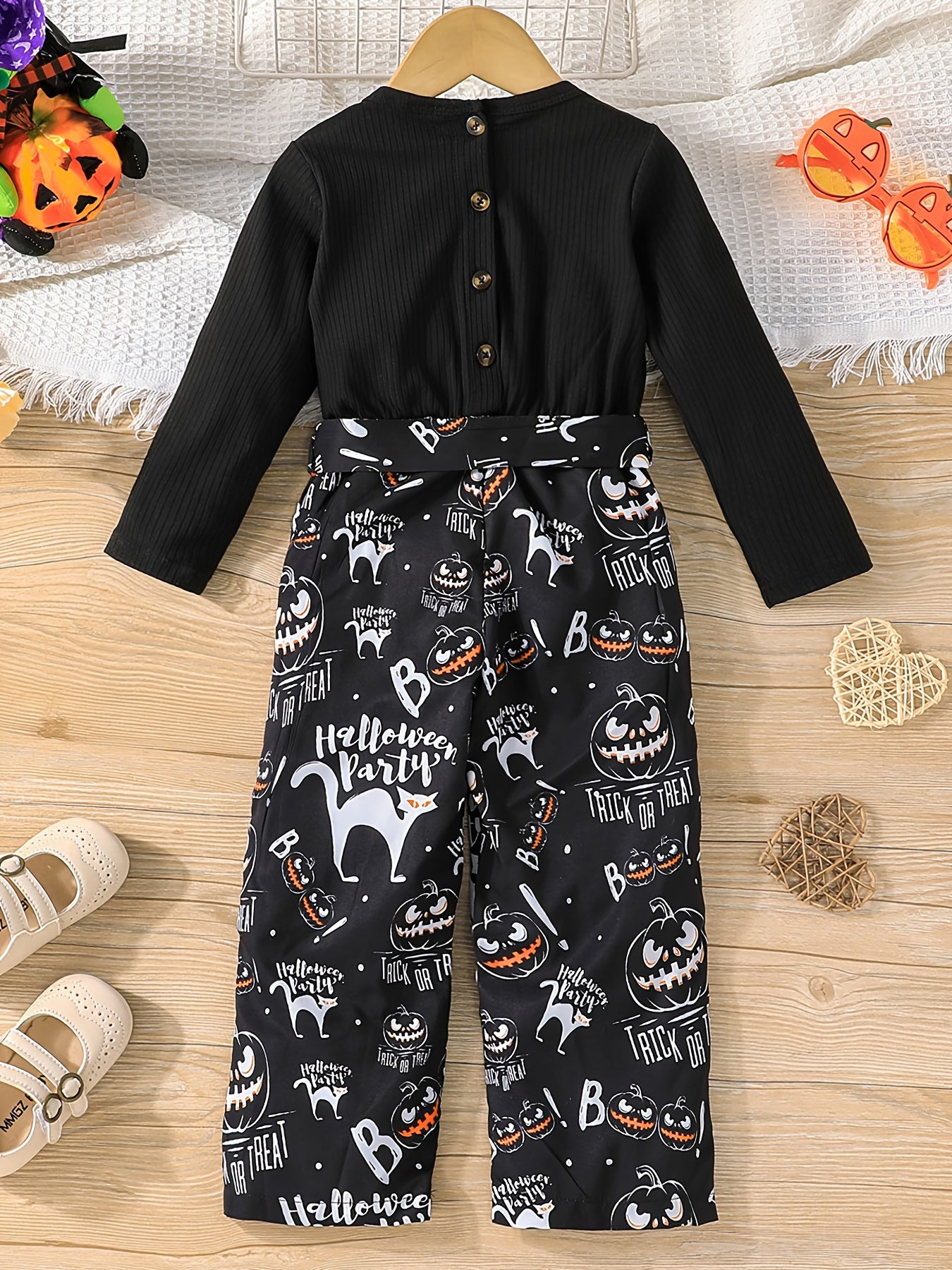 Toddler Girls Skeleton Print 2 In 1 Long Sleeve Top And Overalls Set