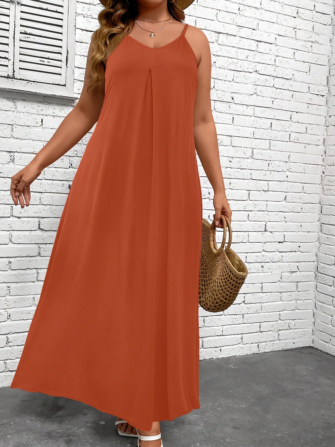  Solid V Neck Maxi Cami Dress