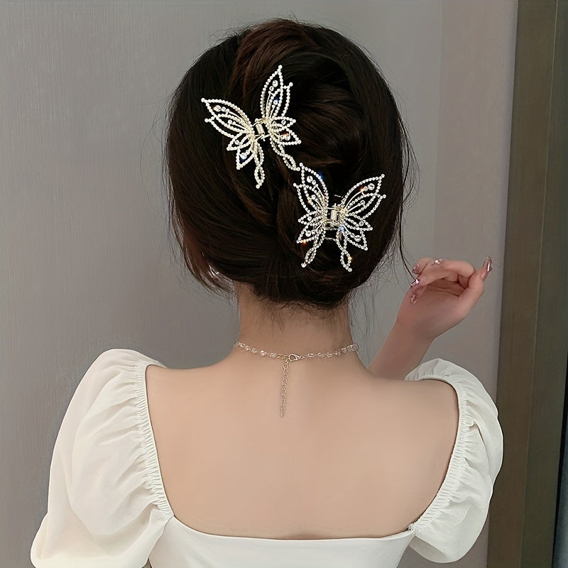Medium Hair Claw Clip Butterfly Style Non Slip Rhinestone Pearl Decor Barrettes