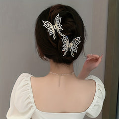 Medium Hair Claw Clip Butterfly Style Non Slip Rhinestone Pearl Decor Barrettes