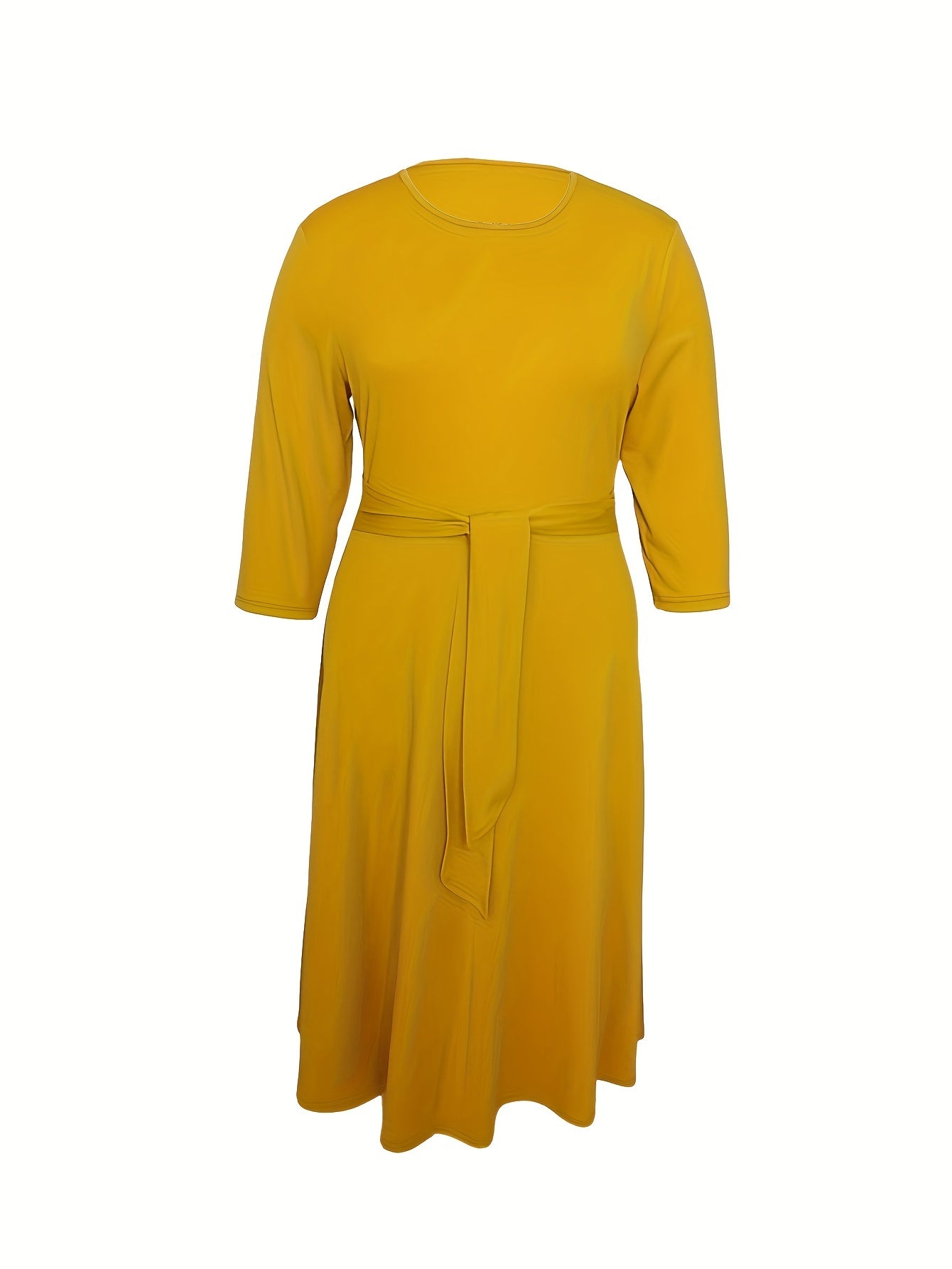  Solid Three Quarter Sleeve Maxi Dress With Belt