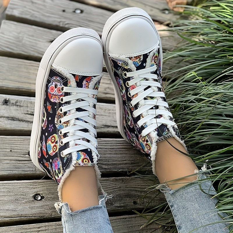 Women's Skull Graphic High Top Canvas Sneakers Lace Up Trainers