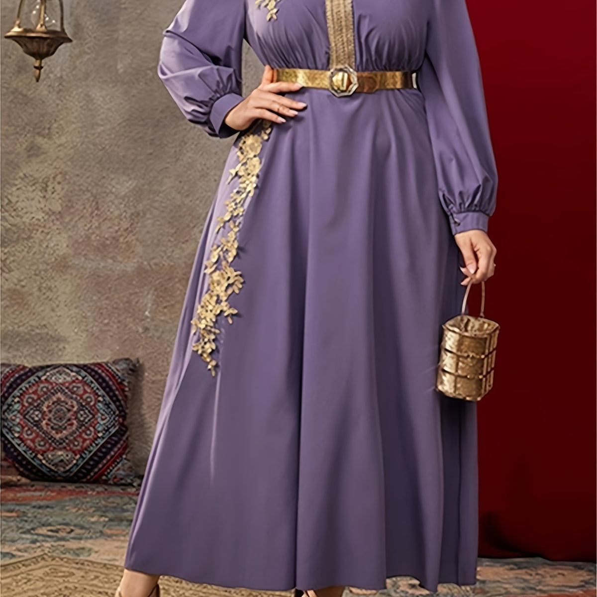 Abaya Dress Women's Plus Solid Applique Long Sleeve V Neck Maxi Jalabi