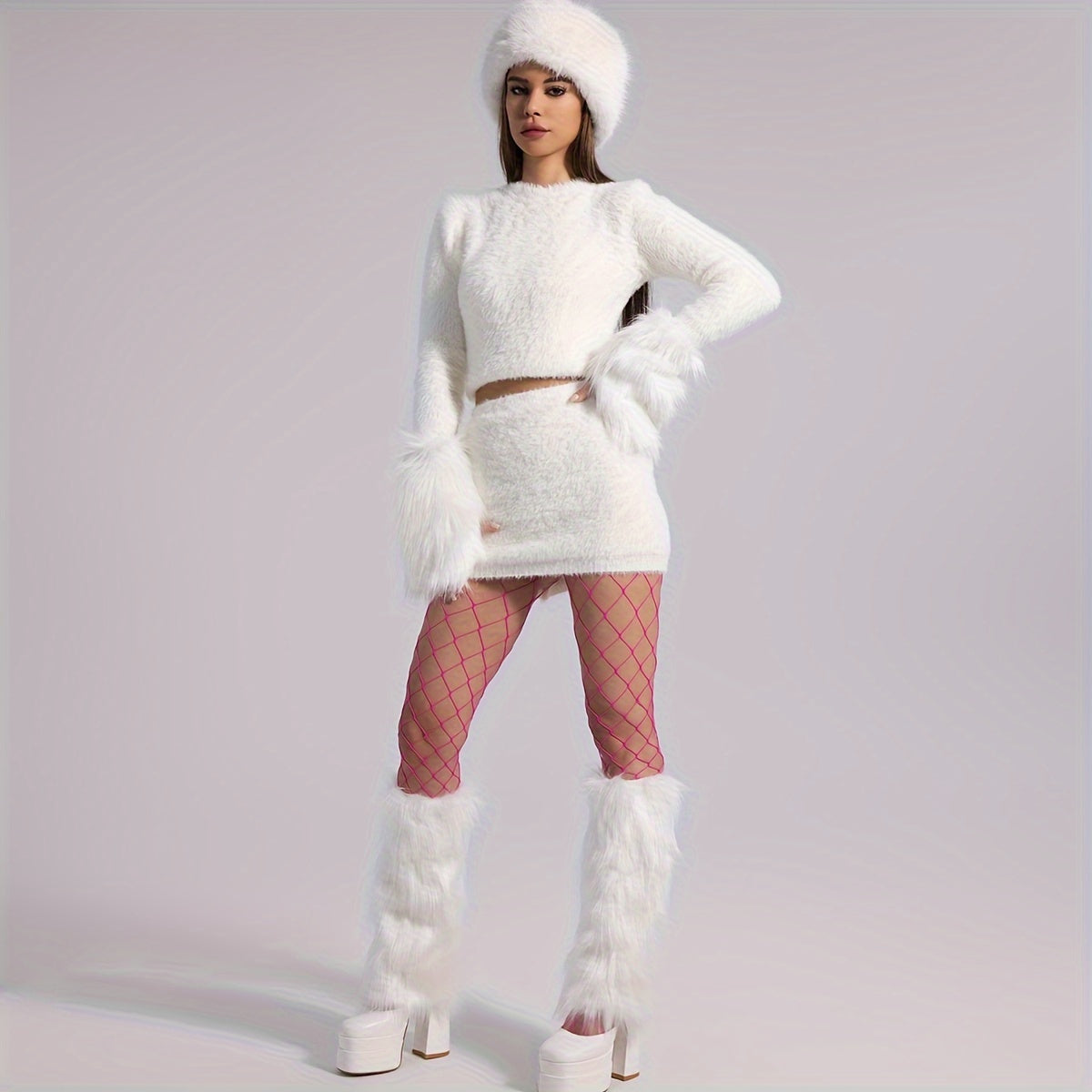 Solid Fuzzy Leg Warmers Knee High Socks Women's Stockings